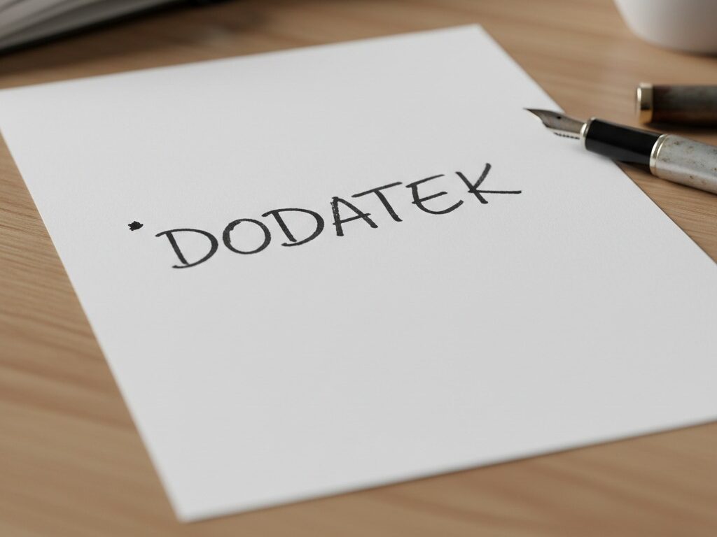Na białej kartce papieru leżącej na drewnianym biurku widnieje napis „DODATEK”, obok którego leży pióro wieczne.